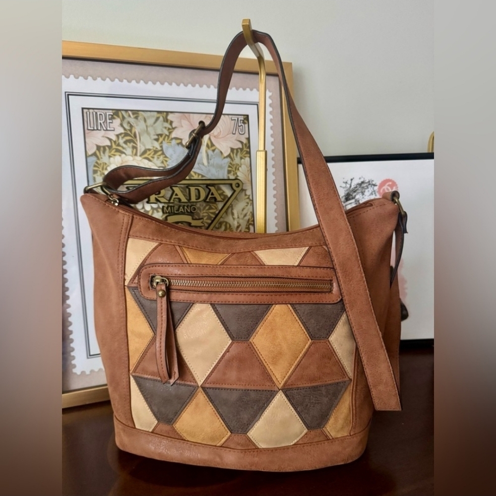 Bueno Brown Patchwork Leather Shoulder Bag